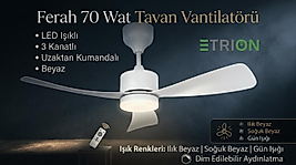 FERAH 70W  3 Kanatlı Led ışıklı tavan vantilatör Beyaz uzaktan kumandalı