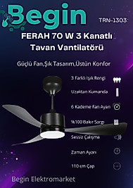 FERAH 70W  3 Kanatlı Led ışıklı tavan vantilatör Siyah uzaktan kumandalı