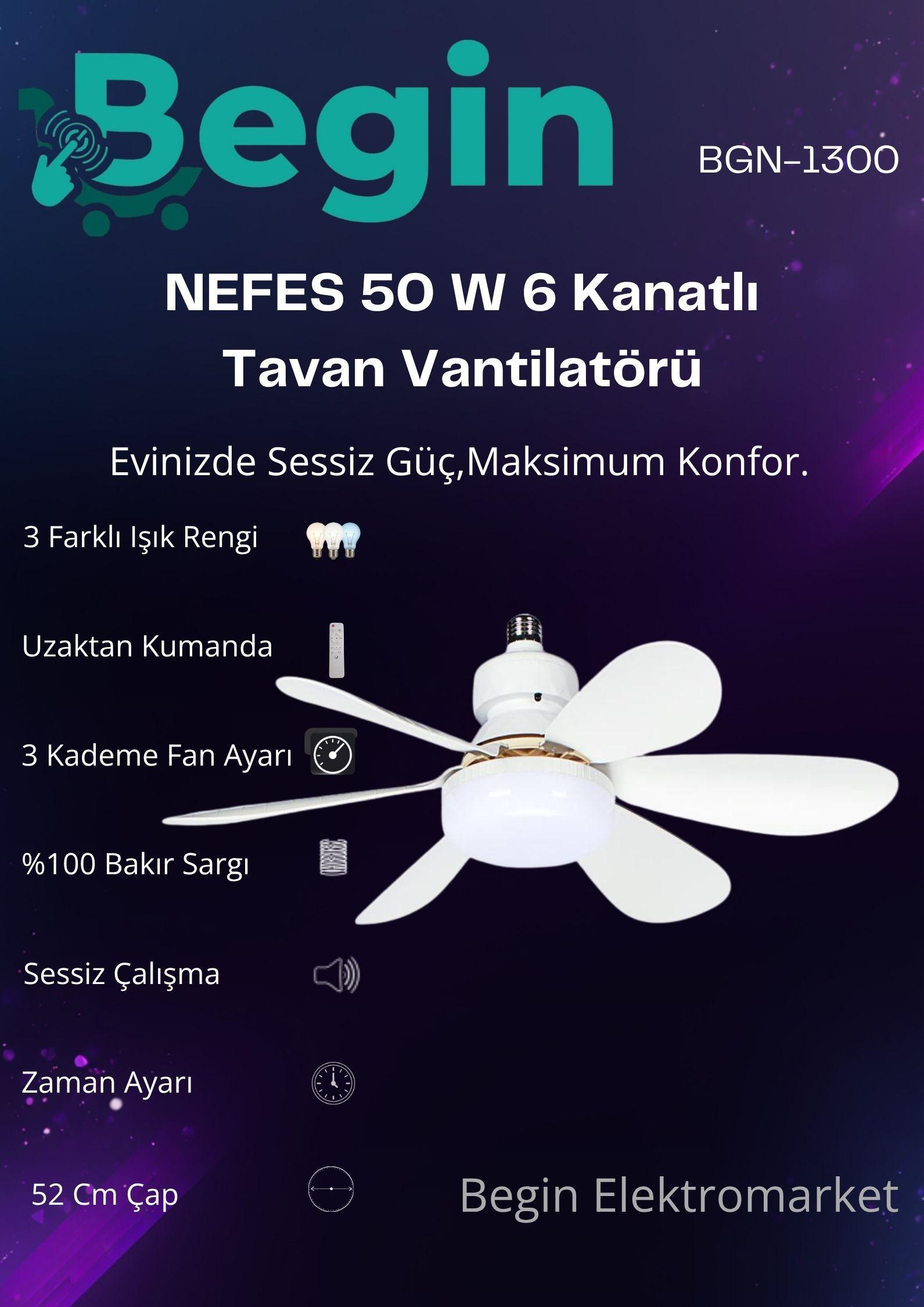 Begin 50w 6 kanatlı tavan vantilatörü uzaktan kumandalı led ışıklı