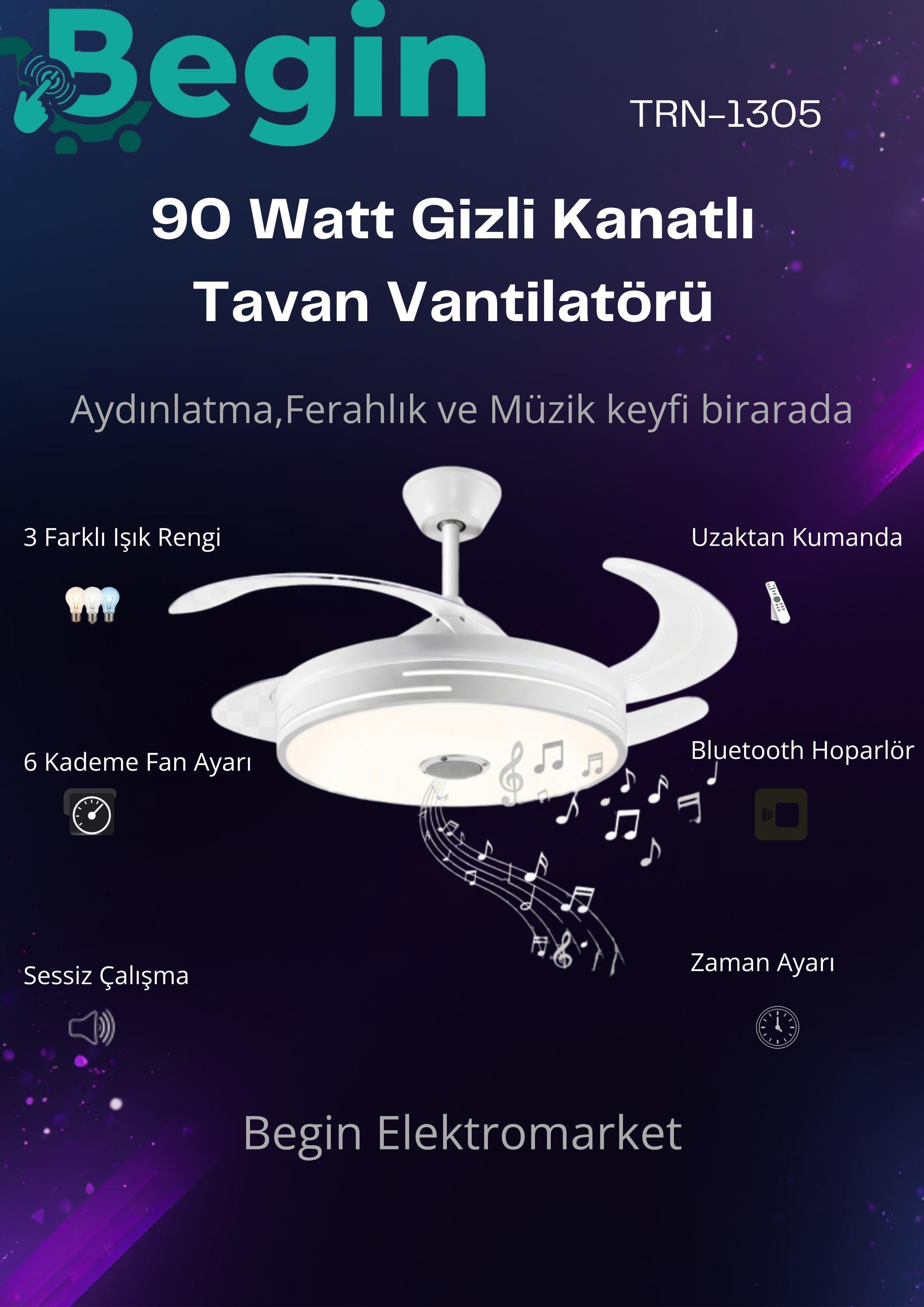 90w Gizli kanatlı bletooth hoparlörlü led ışıklı tavan vantilatör uzaktan kumandalı