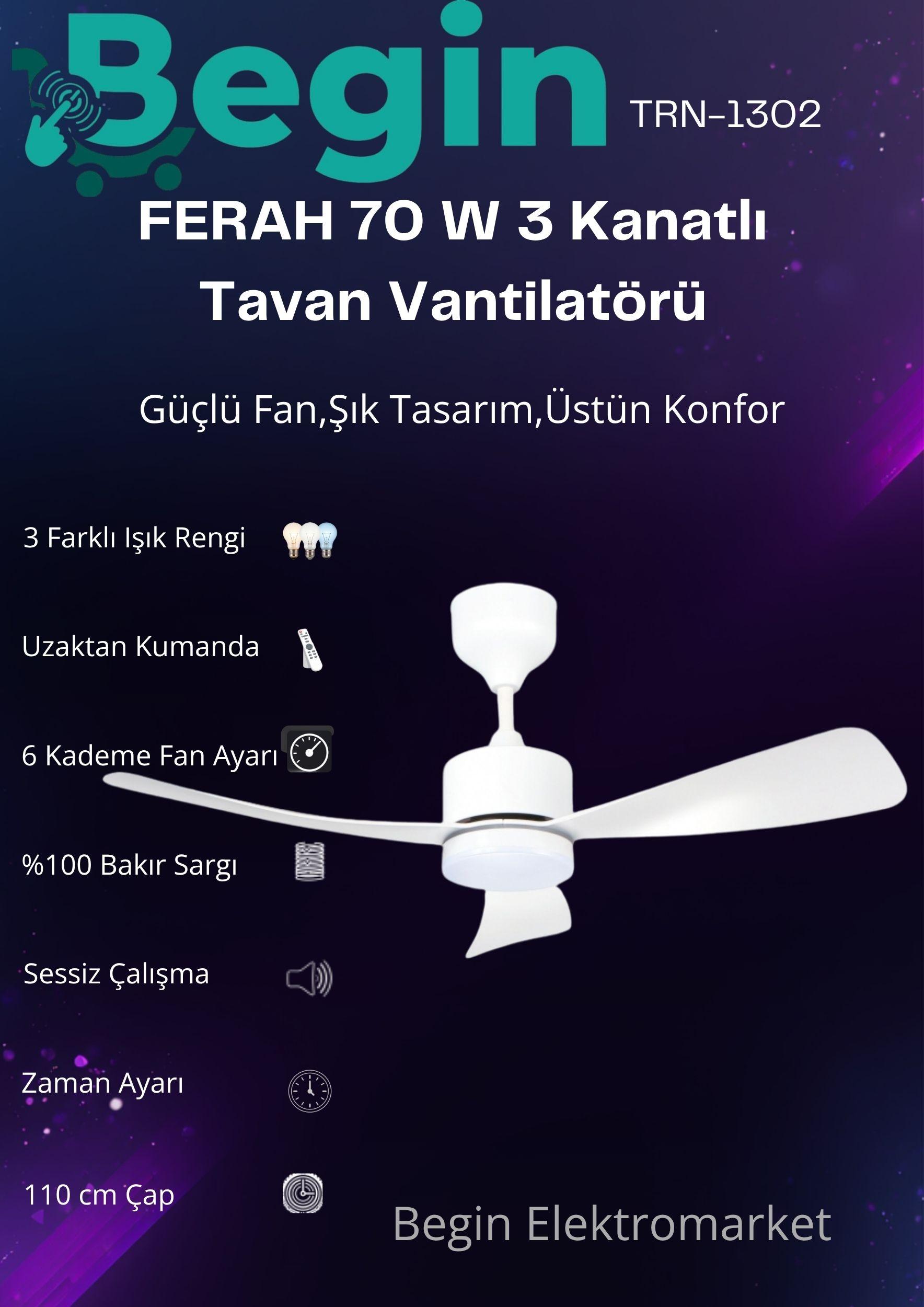 FERAH 70W  3 Kanatlı Led ışıklı tavan vantilatör Beyaz uzaktan kumandalı