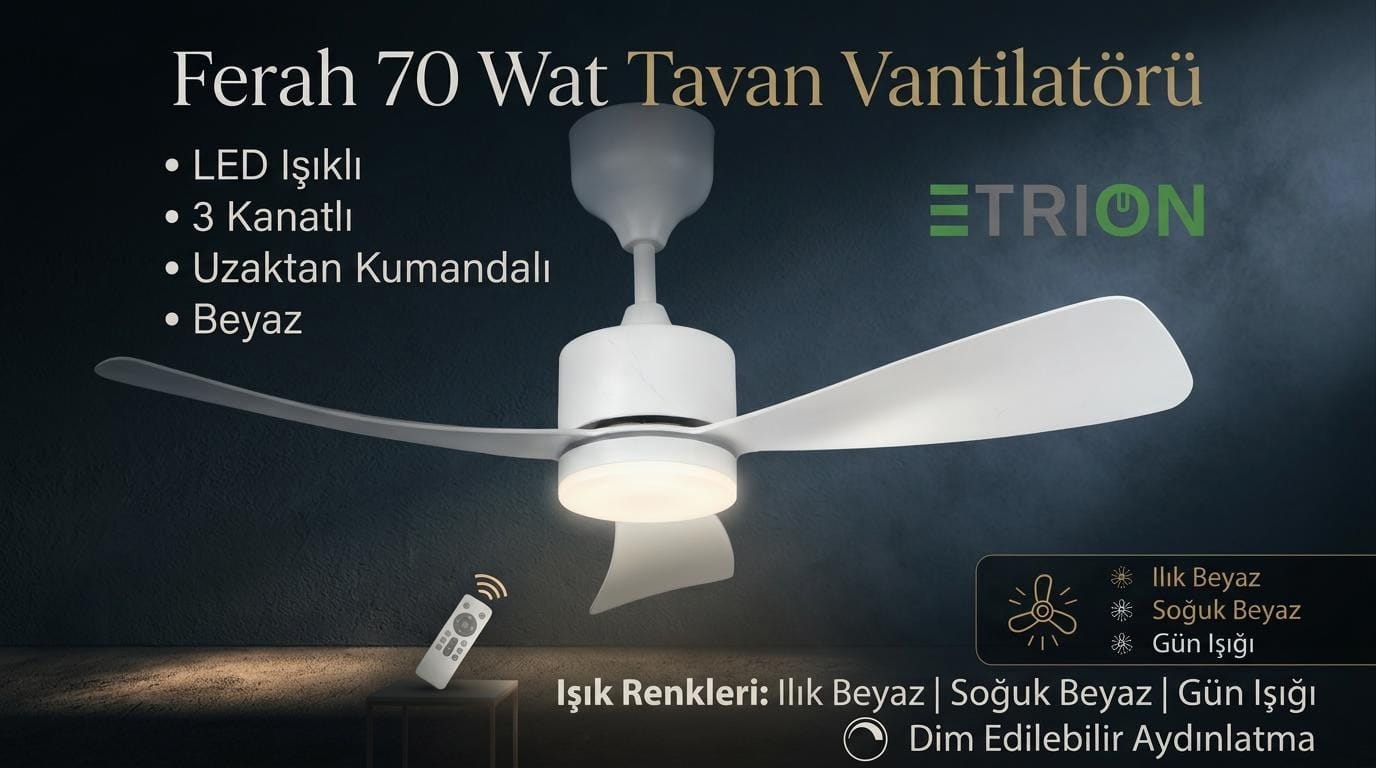 FERAH 70W  3 Kanatlı Led ışıklı tavan vantilatör Beyaz uzaktan kumandalı