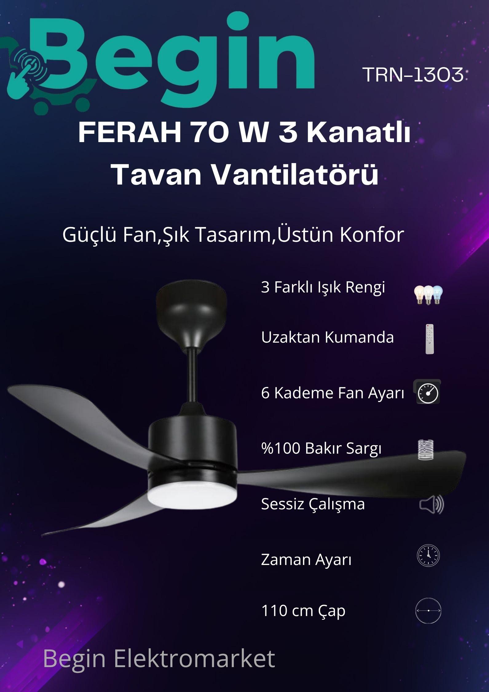 FERAH 70W  3 Kanatlı Led ışıklı tavan vantilatör Siyah uzaktan kumandalı